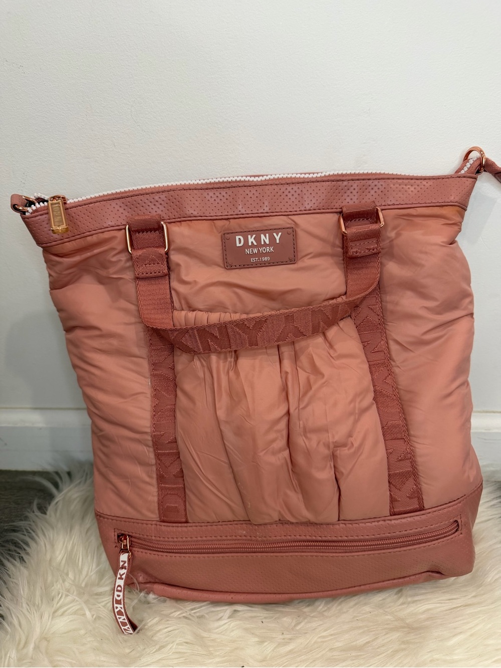 DKNY Rose Pink Quilted Tote with Gold Accents